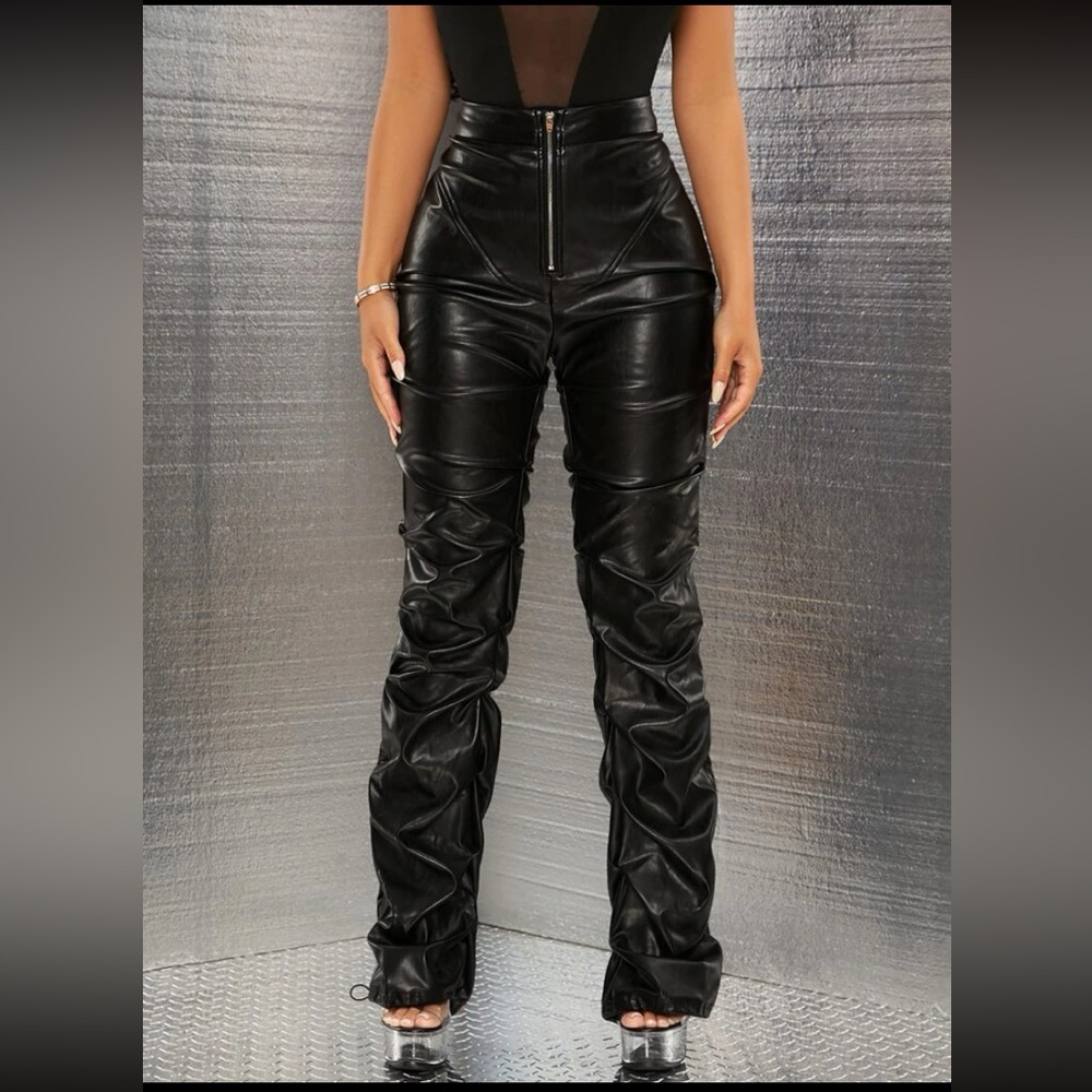 Vegan leather rouched zip up pants